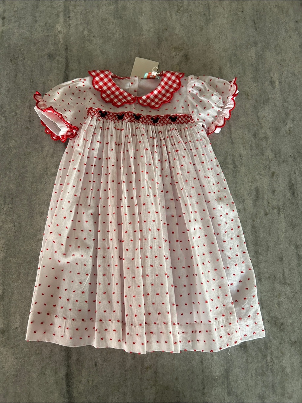 The Smocked Flamingo Smocked Mouse Red Gingham Swiss Dot Dress Size 6